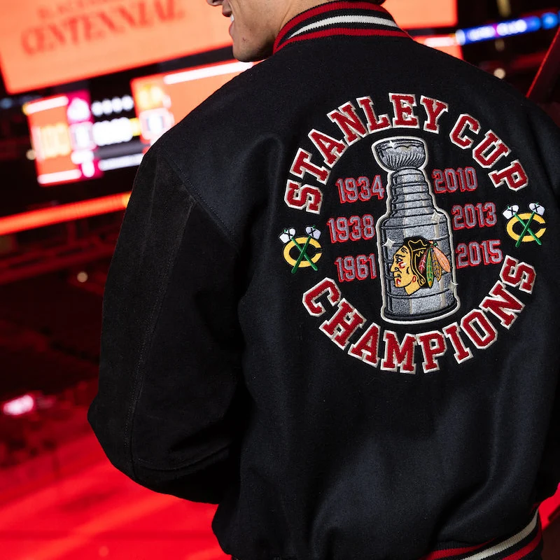 American Needle Chicago Blackhawks 6X Stanley Cup Champions Wool Leather Varsity Jacket - Image 8