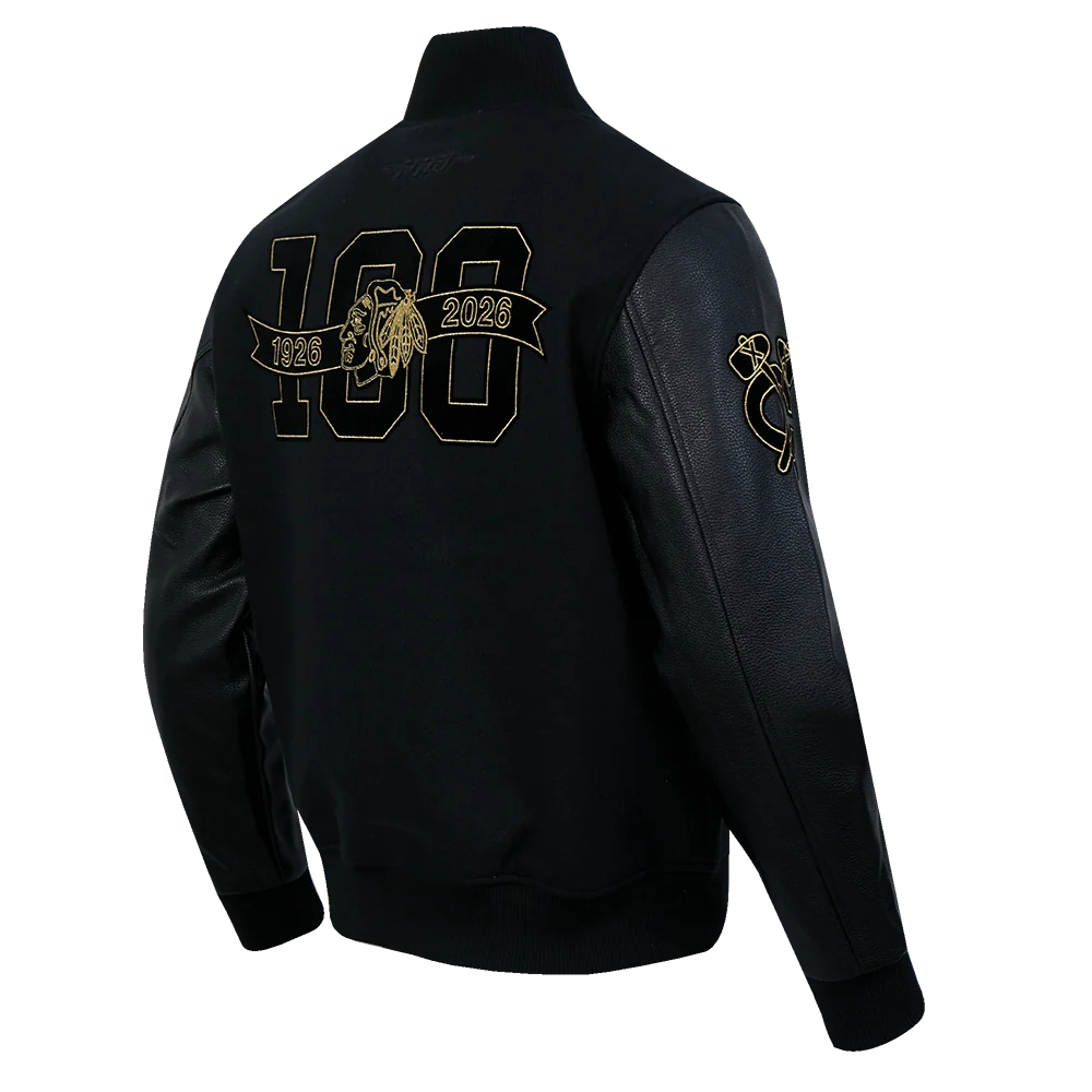 Pro Standard Chicago Blackhawks Centennial Black & Gold Wool Varsity Jacket - Image 4