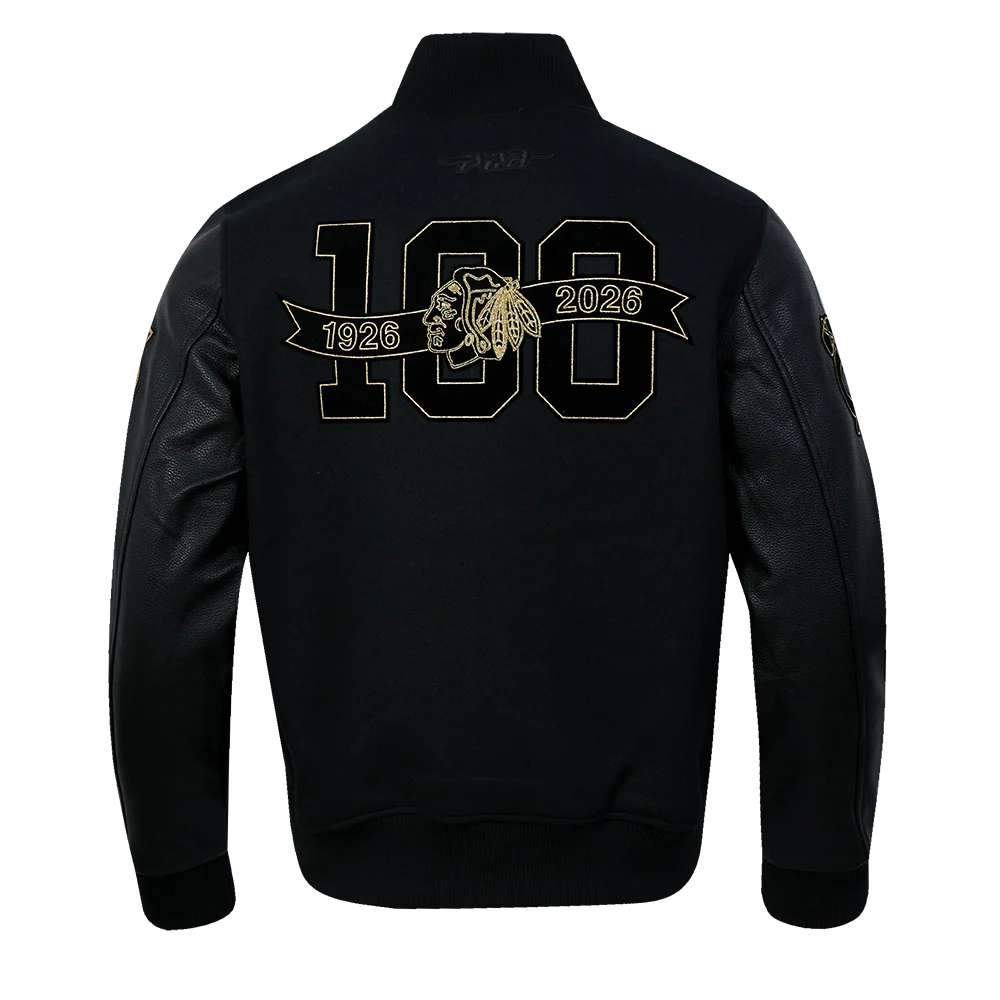 Pro Standard Chicago Blackhawks Centennial Black & Gold Wool Varsity Jacket - Image 5
