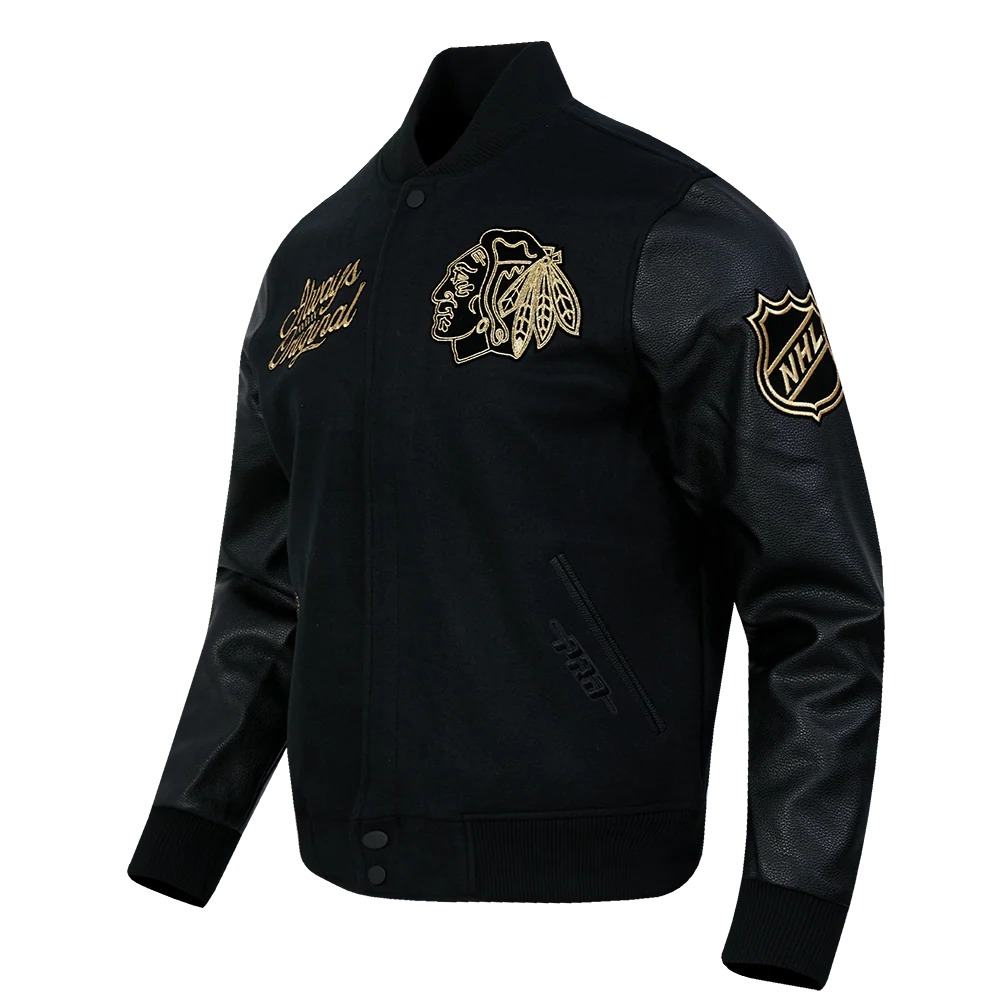 Pro Standard Chicago Blackhawks Centennial Black & Gold Wool Varsity Jacket - Image 6